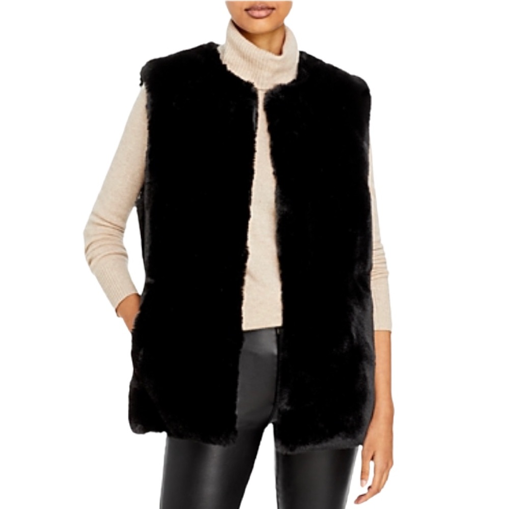 SURELL Black Faux Rabbit Fur Hook Closure Vest